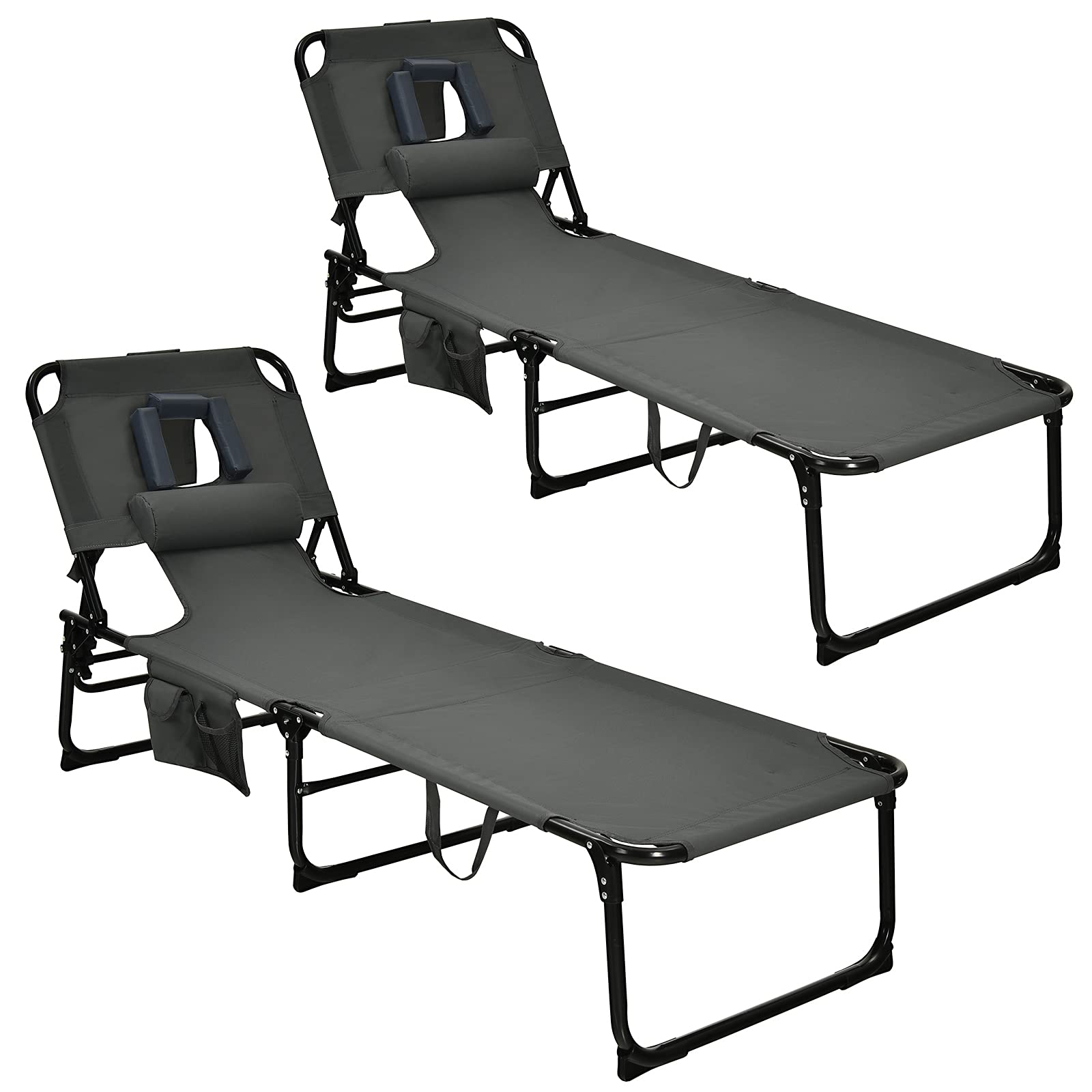 Gymax Tanning Chair, Folding Beach Lounger With Face Arm Hole, Adjustable Backrest, Side Pocket, Pillow & Carry Handle, Outside Sunbathing Lounge Chair For Patio, Poolside, Lawn (2, Gray)
