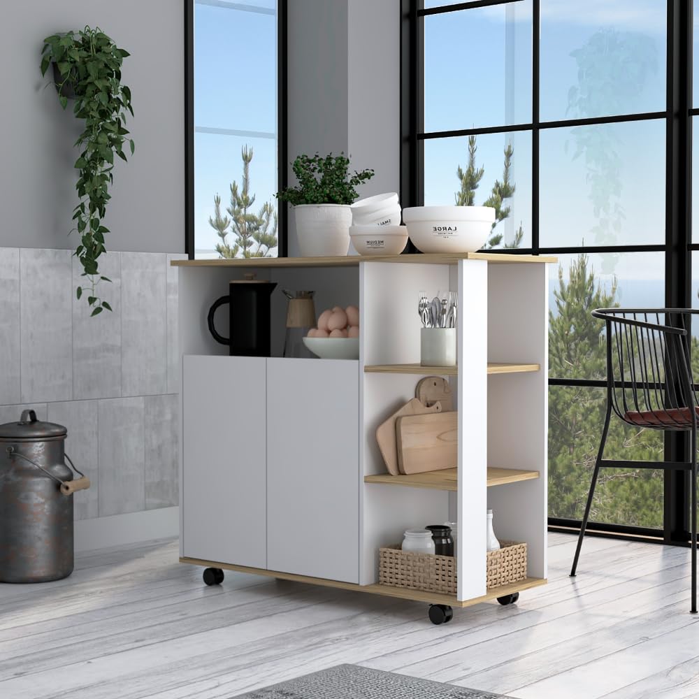 Kitchen Island Kamkacht, One Cabinet, Four Open Shelves - Light Oak/White