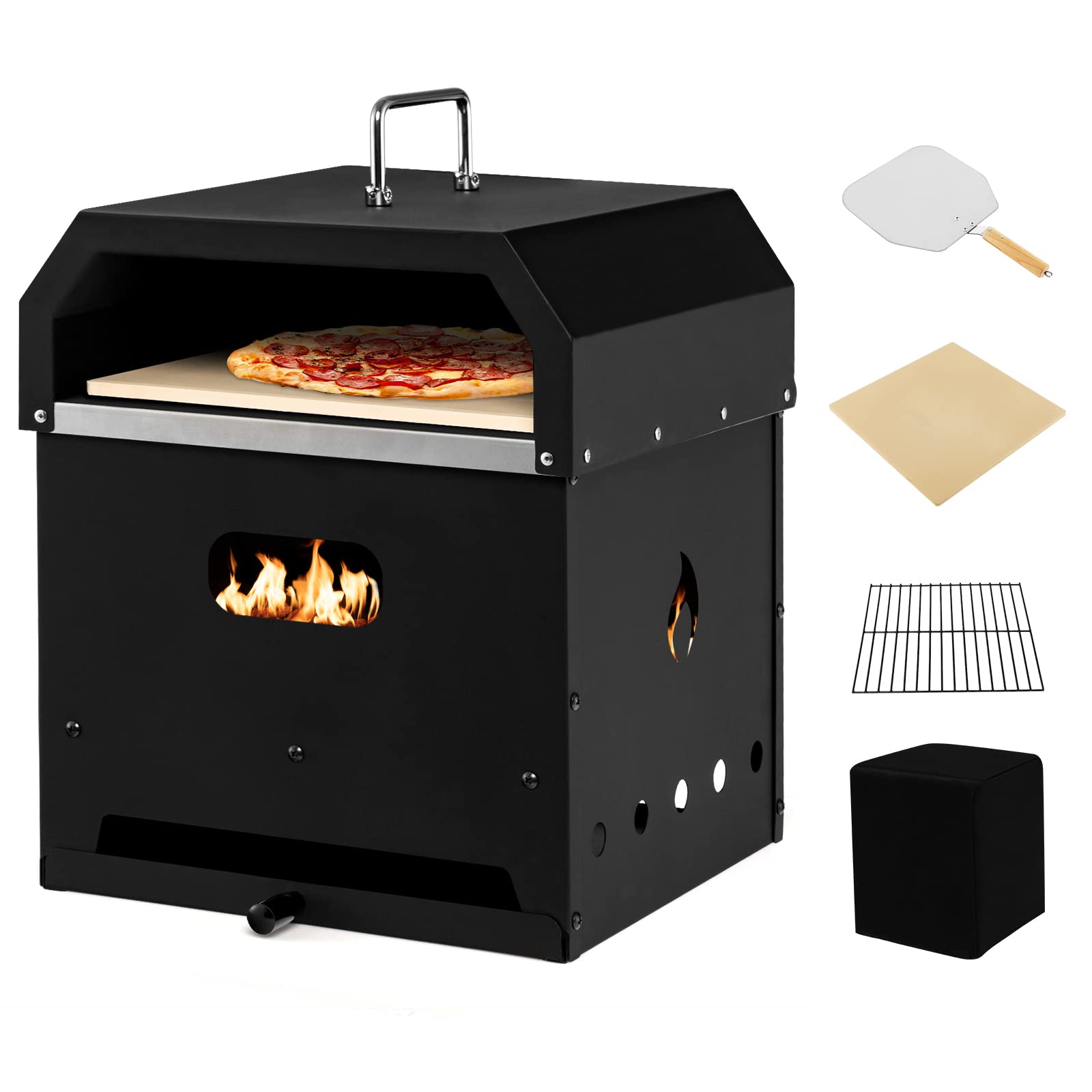 Giantex 4-In-1 Outdoor Pizza Oven, Wood Fired 2-Layer Pizza Maker With Cover, Pizza Stone, Shovel, Grill Grid, Detachable Grill