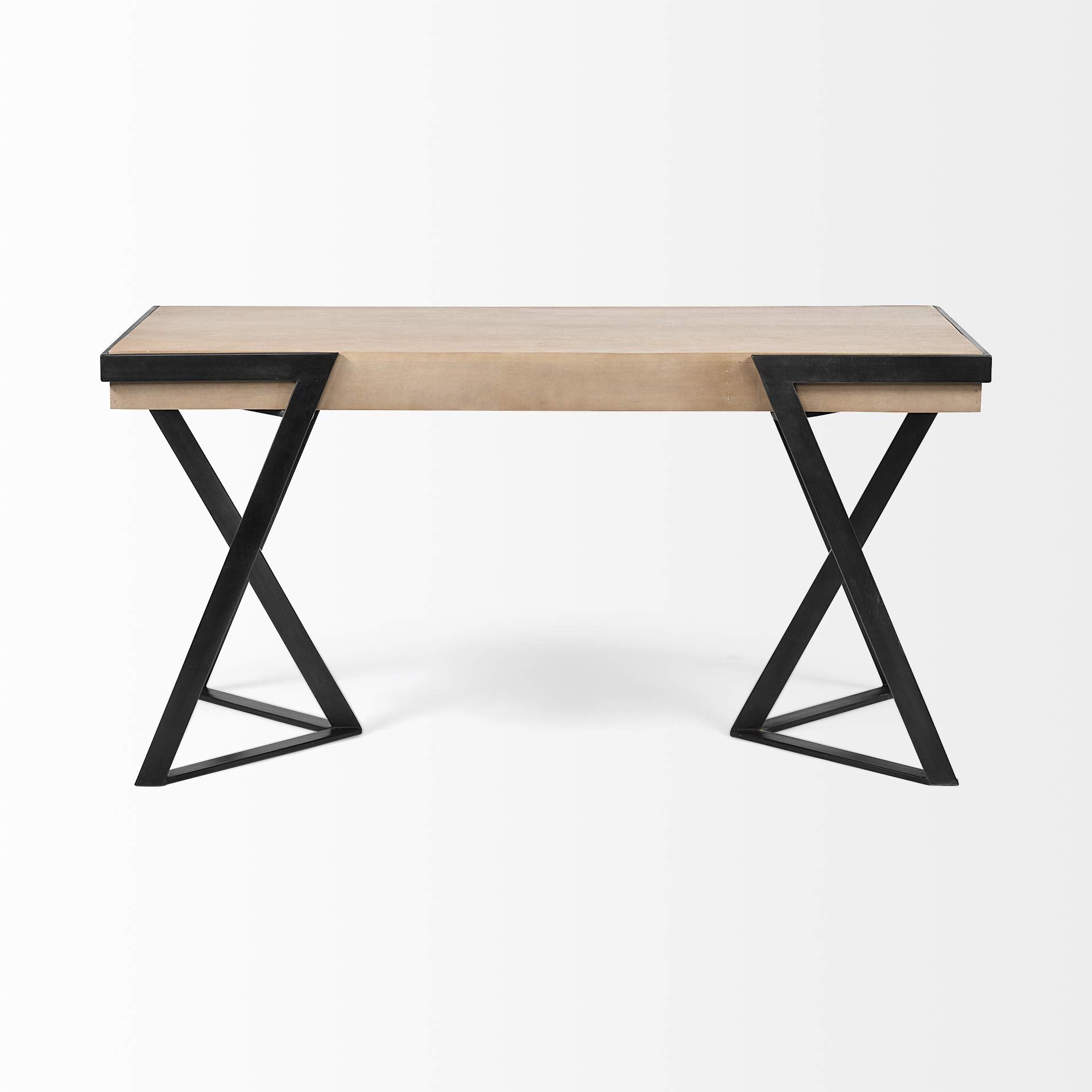 HomeRoots Brown Indian Mango Wood Solid Mango Wood Finish Writing Desk with Single Storage and Black Triangular Iron Legs