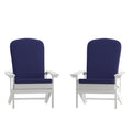 Set of 2 Adirondack Chairs in White with Blue Cushions, Porch, and Patio