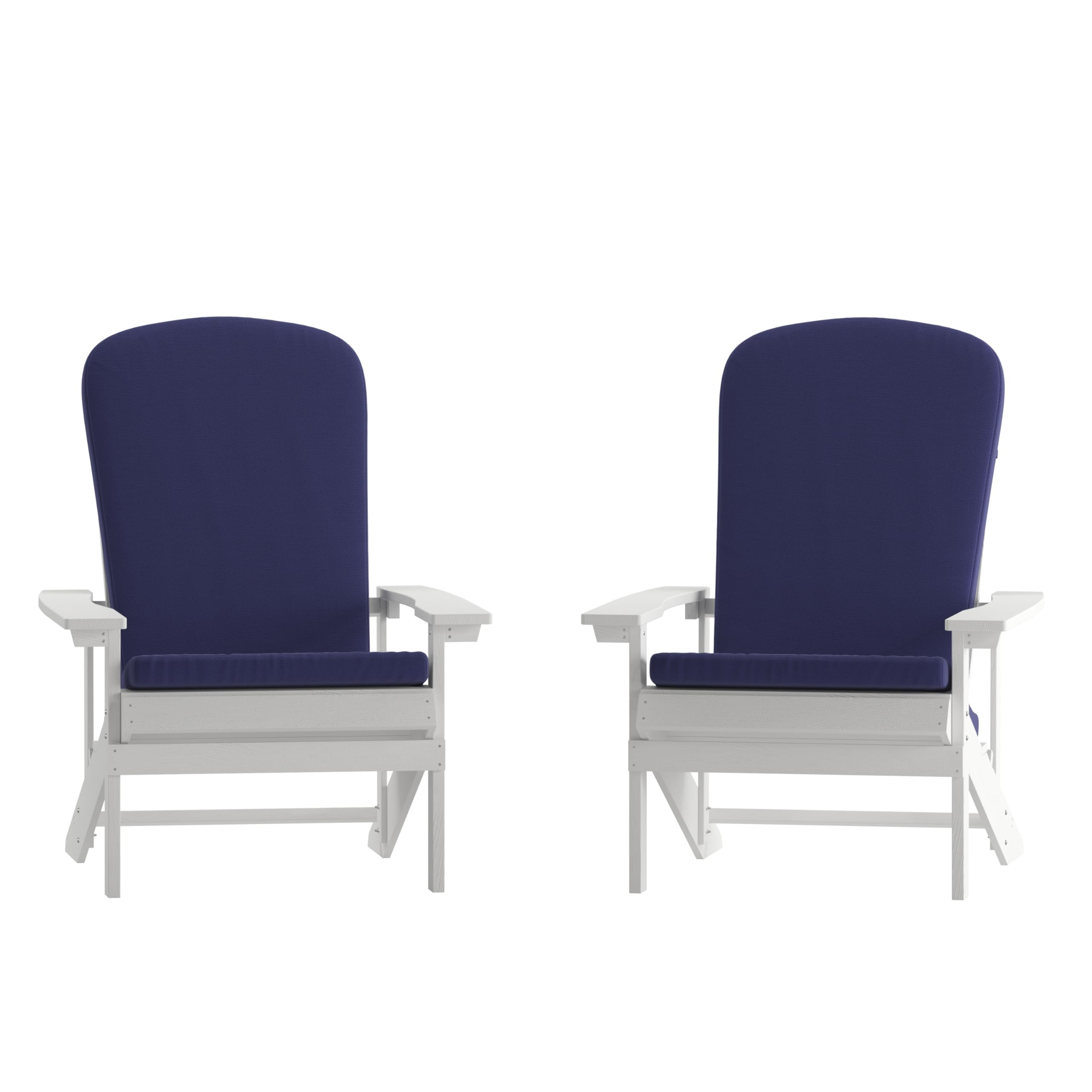 Set of 2 Adirondack Chairs in White with Blue Cushions, Porch, and Patio
