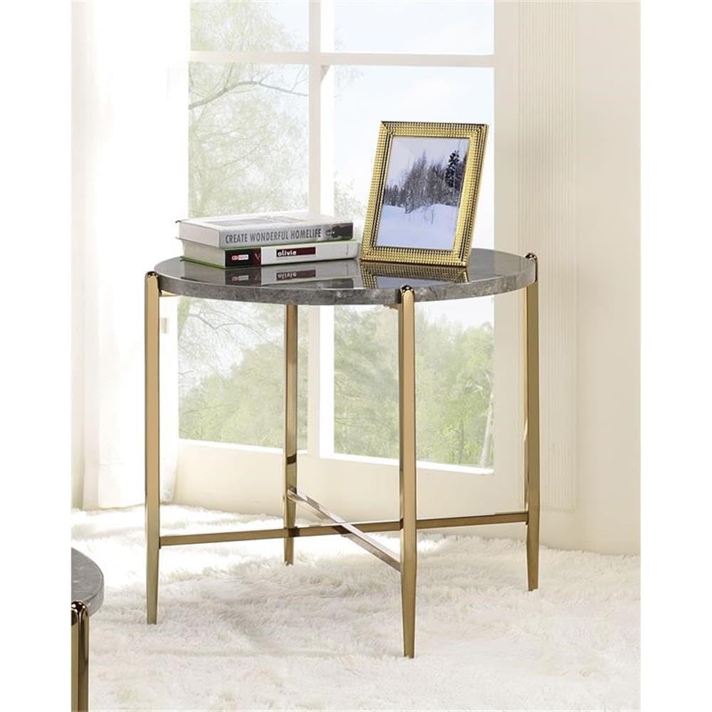 Acme Tainte Round Faux Marble Top End Table In Gray And Champagne