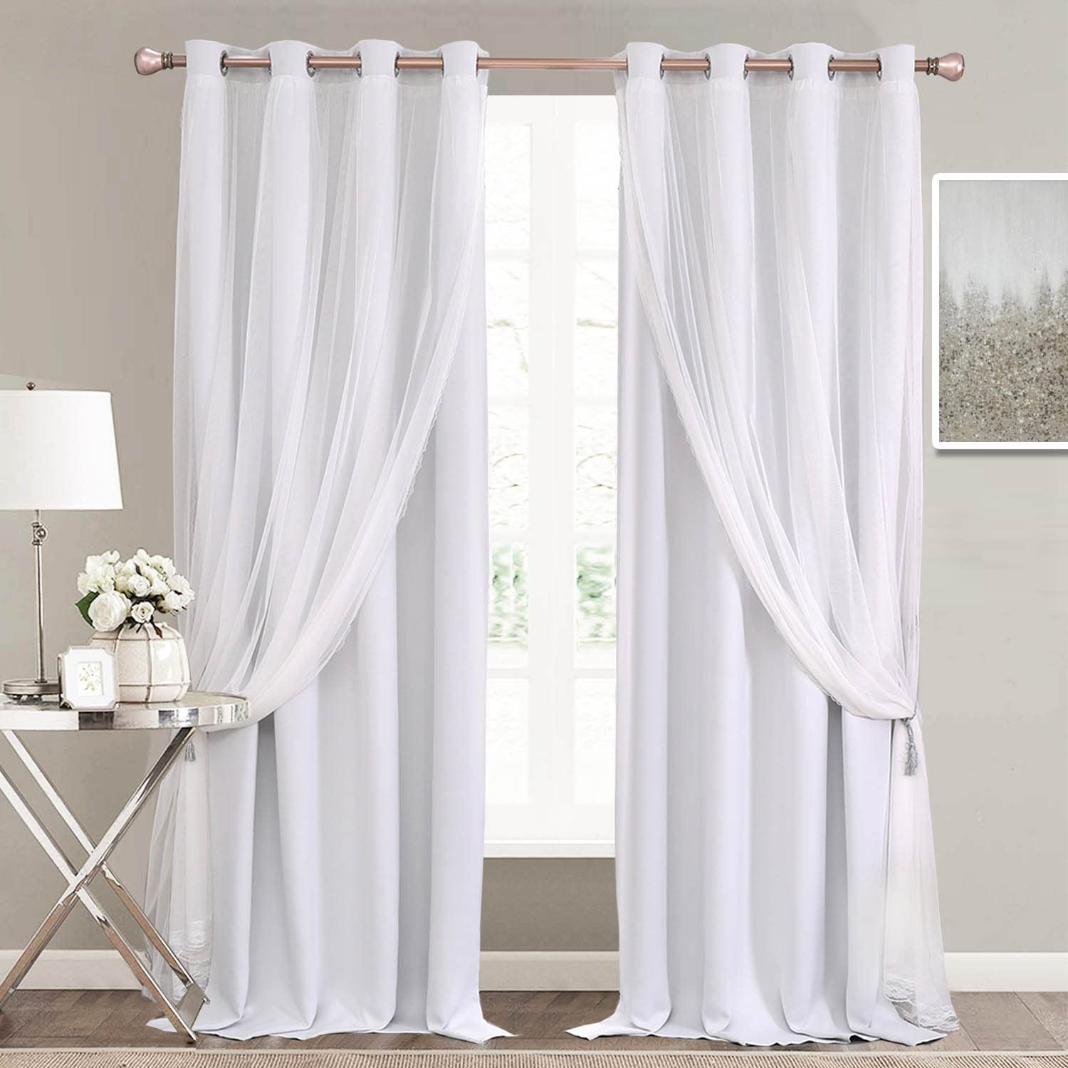 SOFJAGETQ Greyish White Curtains 84 inch Length - Double Layers Voile Sheer Curtains & Draperies Panels with Lace Hem for Bedroo