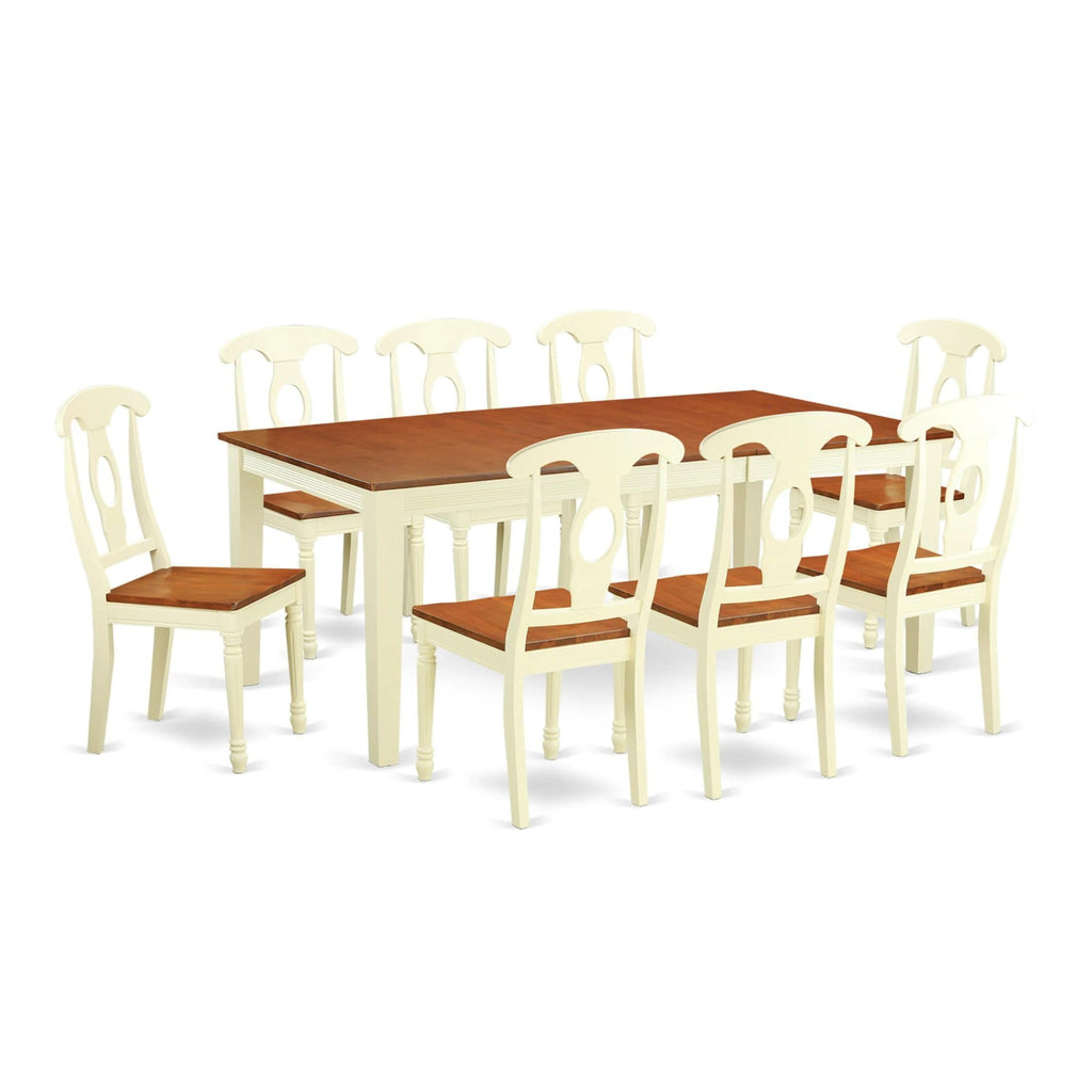 East West Furniture QUKE9-WHI-W 9 Piece Dining Room Furniture Set Includes a Rectangle Kitchen Table with Butterfly Leaf and 8 Dining Chairs, 40x78 Inch, Buttermilk & Cherry