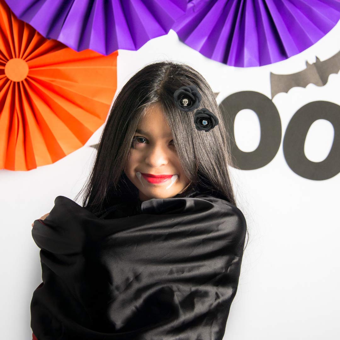 Halloween Gothic Hair Flower Accessory, Artificial Black Rose Hair Pins With Skeleton Head And Monster Eyeball, Dark Creepy Flow