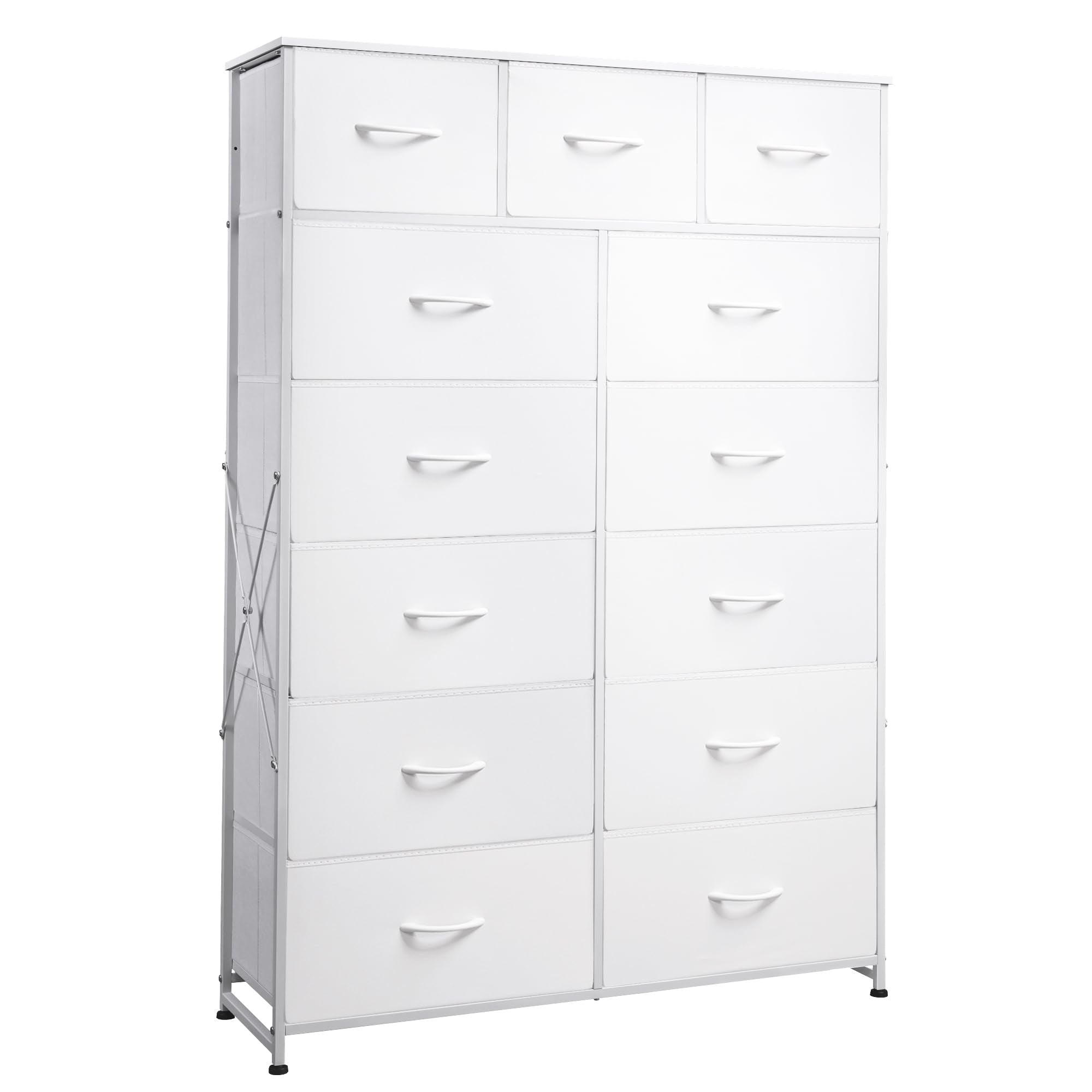Wlive Tall Dresser For Bedroom With 13 Drawers, Storage Dresser Organizer Unit, Fabric Dresser For Bedroom, Closet, Chest Of Drawers With Fabric Bins, Steel Frame, Wood Top, White