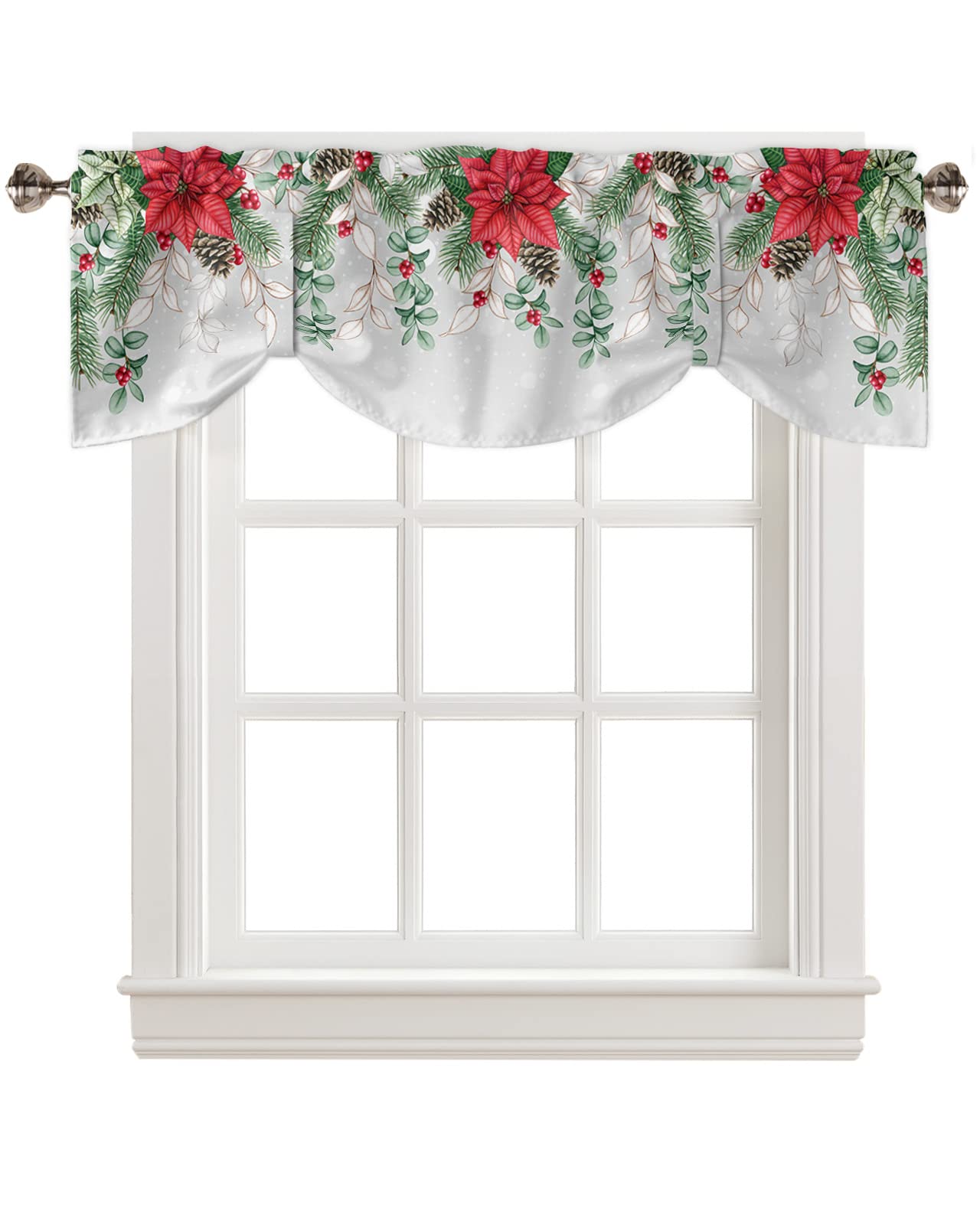 Tie Up Curtain Valance, Christmas Poinsettia Flower Pine Cones Eucalyptus Leaf Winter Snowflake Gray Short Rod Pocket Adjustable