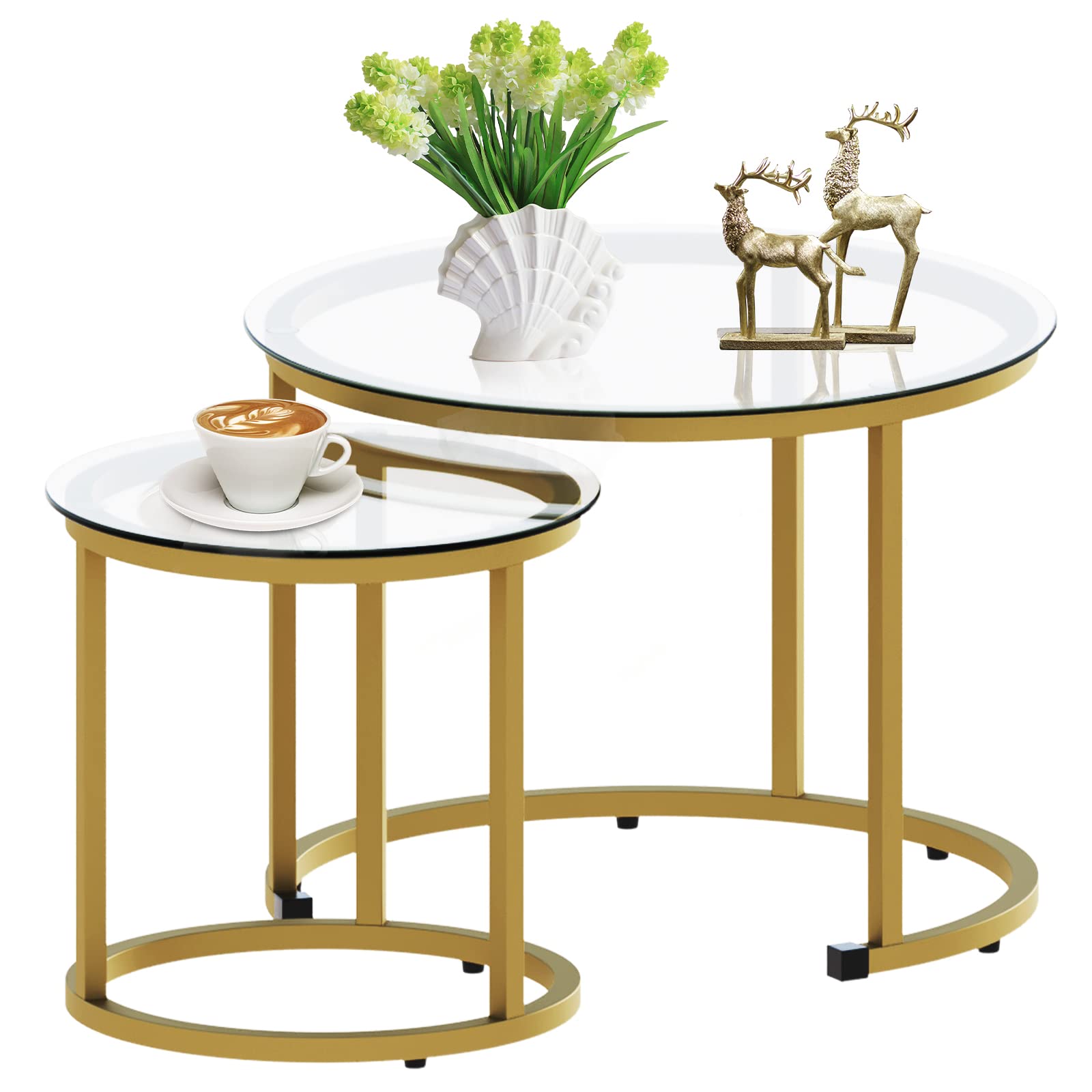 Aboxoo Gold Nesting Coffee Table Set Of 2, Small Glass Round Nesting Tables For Living Room Bedroom, Accent Tea Table With Metal Frame Modern Industrial Simple