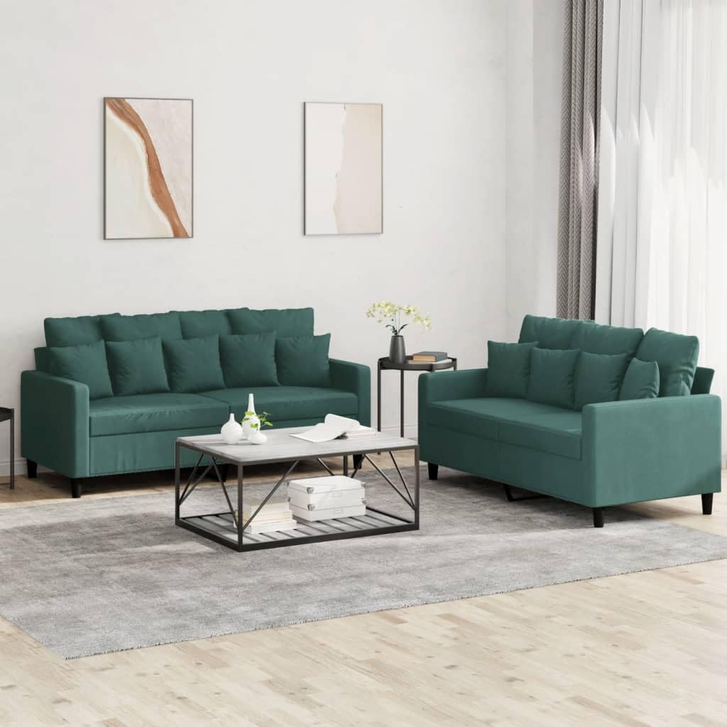 vidaXL 2-Piece Sofa Loveseat Set - Dark Green Velvet Cushioned Couches for Living Room, Office - Sturdy Frame, Plush Comfort