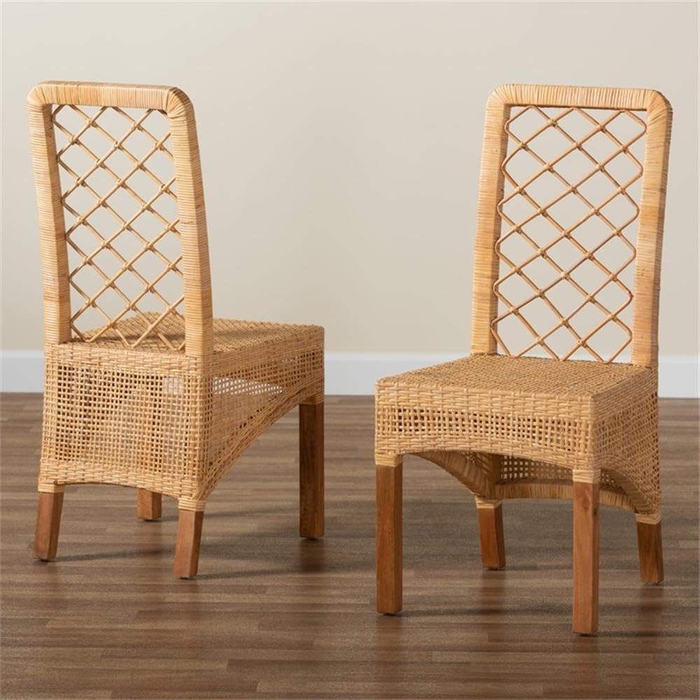 Baxton Studio Moscow Modern Bohemian Natural Brown Rattan and Walnut Brown Finished Wood 2-Piece Dining Chair Set