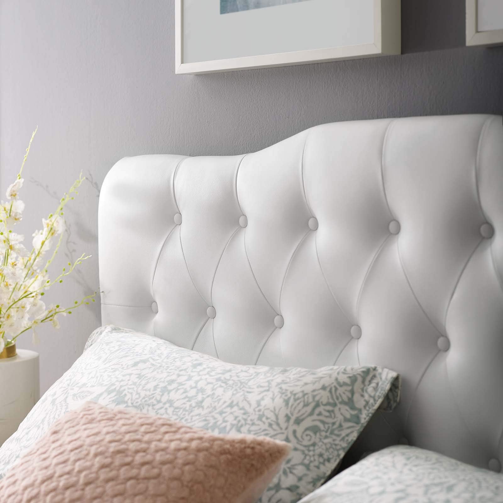 Modway Annabel Tufted Button Faux Leather Upholstered Queen Headboard in White
