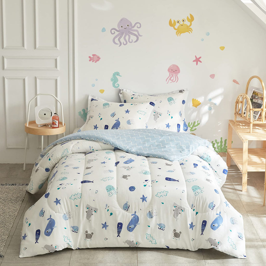 Joyreap 3Pcs Premium Cotton Comforter Set For Kids Boys N Girls, Vibrant Ocean Theme Starfish Whale Crab Printed, Skin-Friendly