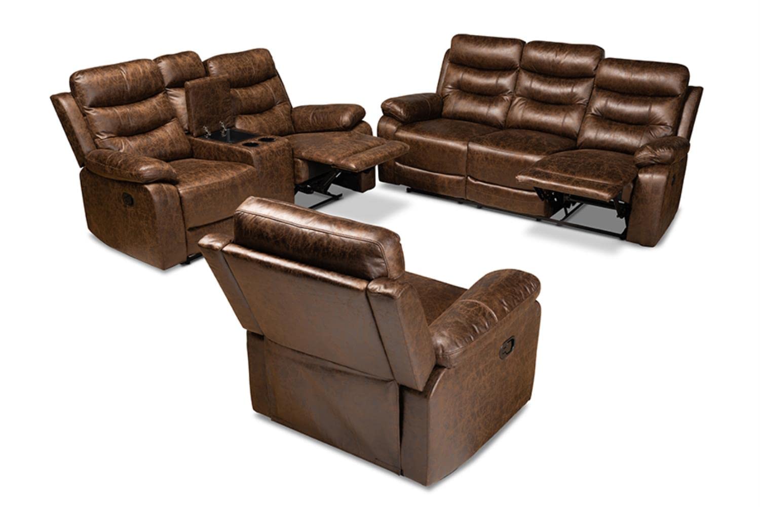 Baxton Studio Beasely Modern and Contemporary Distressed Brown Faux Leather Upholstered 3-Piece Living Room Set