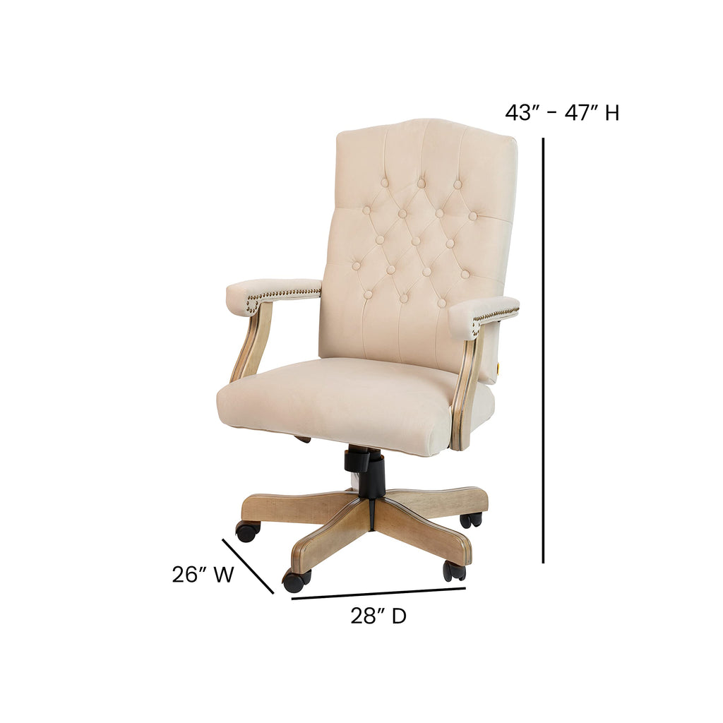 Flash Furniture Derrick Traditional Microfiber Tufted Swivel Office Chair with Wood Base, Ergonomic Farmhouse High-Back Desk Chair, Ivory/Brown