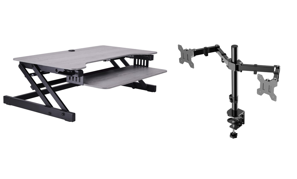 Rocelco 37.5&quot; Deluxe Height Adjustable Standing Desk Converter with Dual Monitor Mount Bundle - Quick Sit Stand Up Computer Workstation Riser - Large Retractable Keyboard Tray - Gray (R DADRG-DM2)