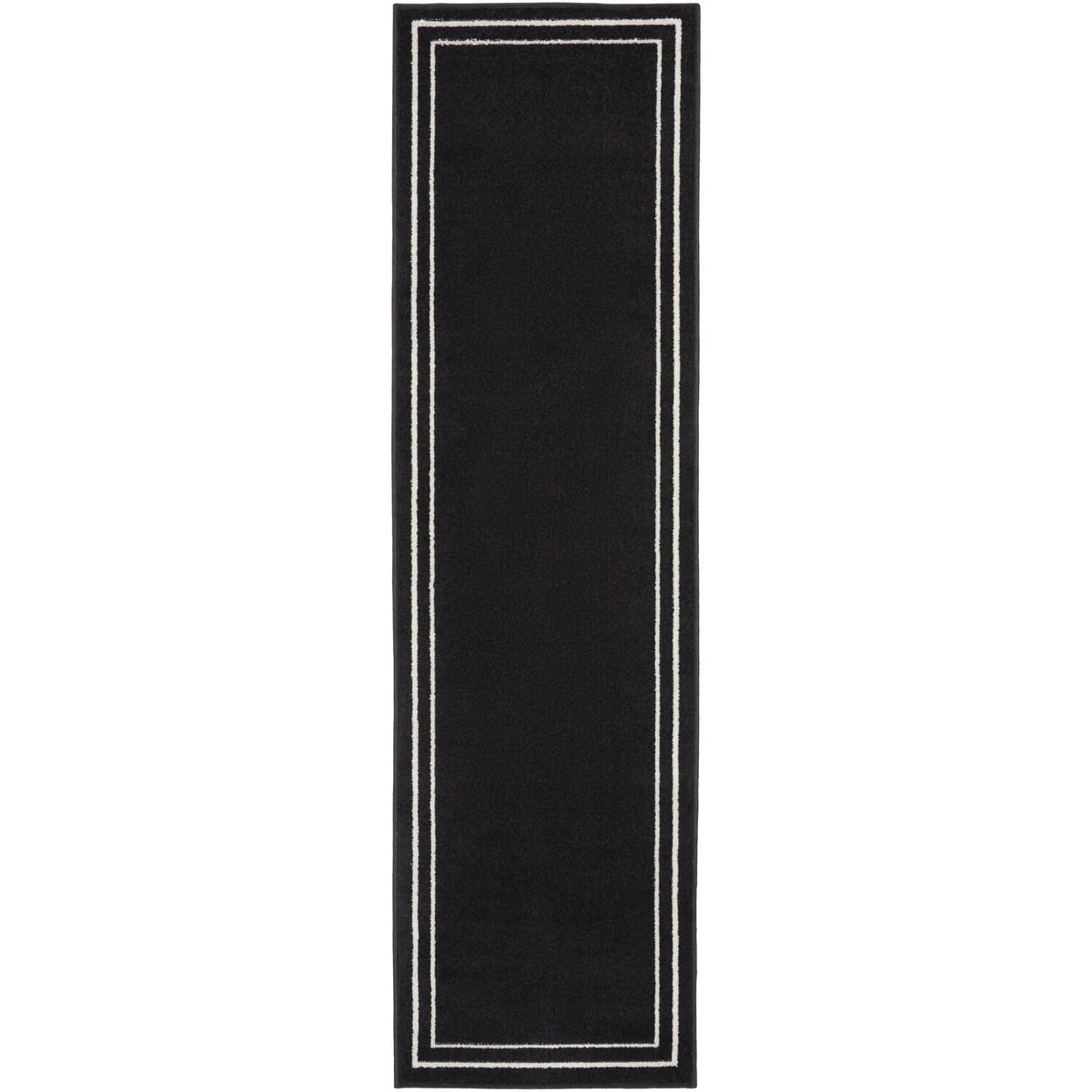 Nourison Essentials Indoor/Outdoor Solid Bordered Black Ivory 2' X 6' Area Rug, Easy Cleaning, Non Shedding, Bed Room, Living Ro