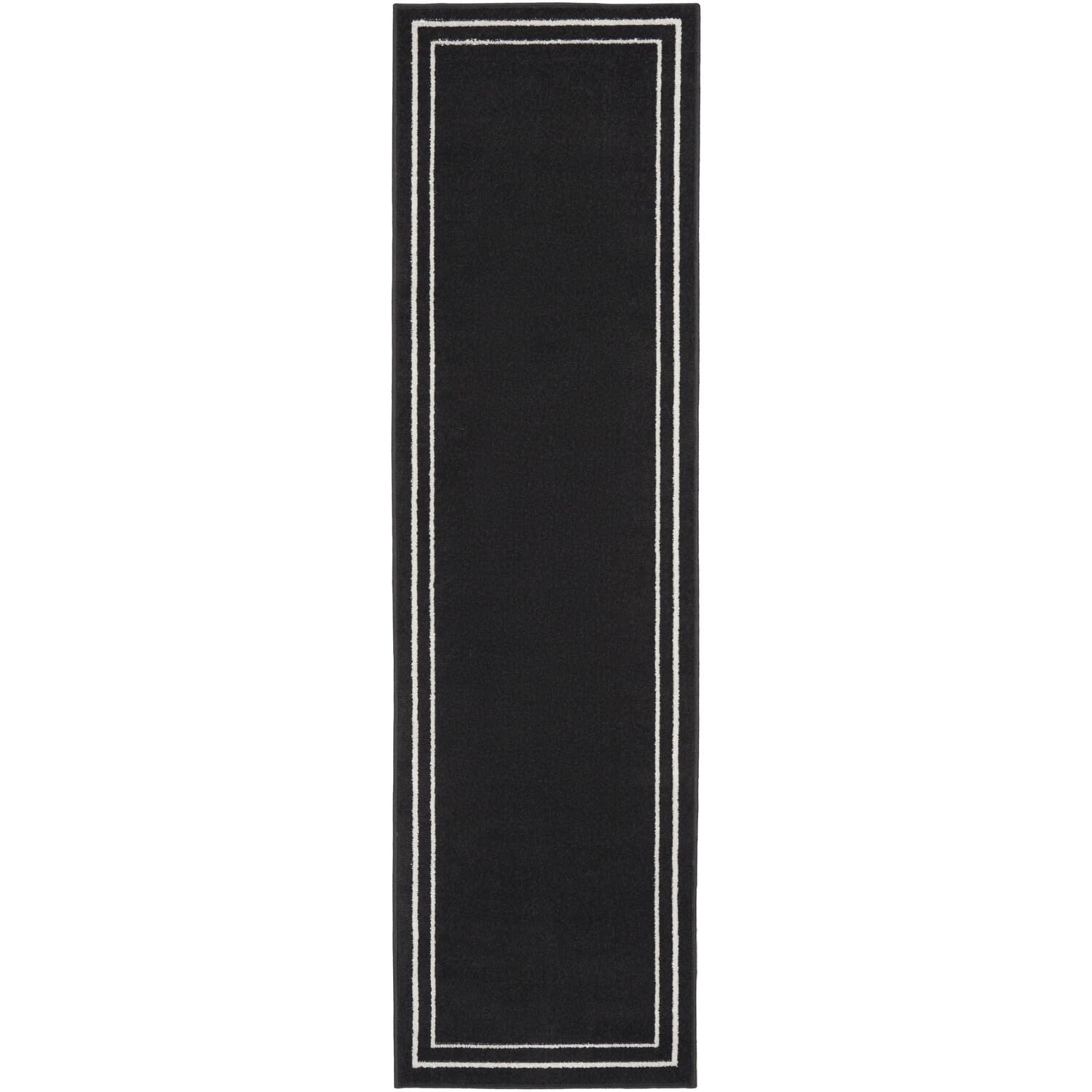 Nourison Essentials Indoor/Outdoor Solid Bordered Black Ivory 2' X 6' Area Rug, Easy Cleaning, Non Shedding, Bed Room, Living Ro