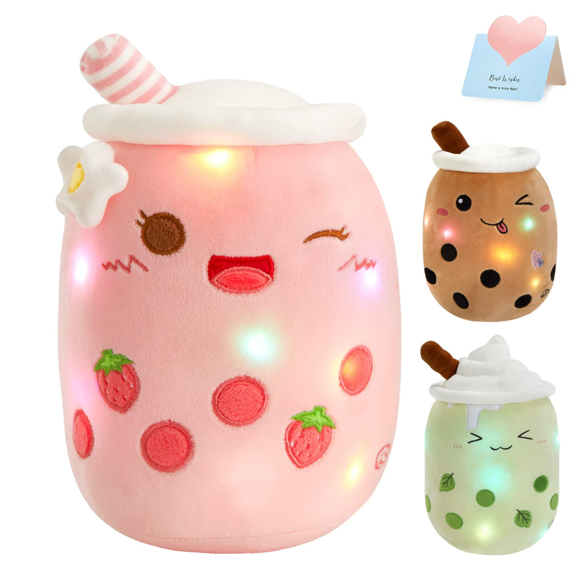 Athoinsu Light Up Strawberry Tea Soft Plush Pillow 10' Kawaii Milky Tea Stuffed Bubble Animal Toy with LED Lights Birthday Chri