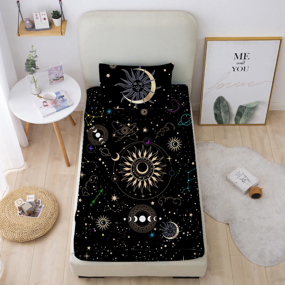 Gusuhome Sun And Moon Sheet Set Twin Size Boho Exotic Style Black Starry Planets Bedding For Boys Kids Teens Galaxy Constellatio