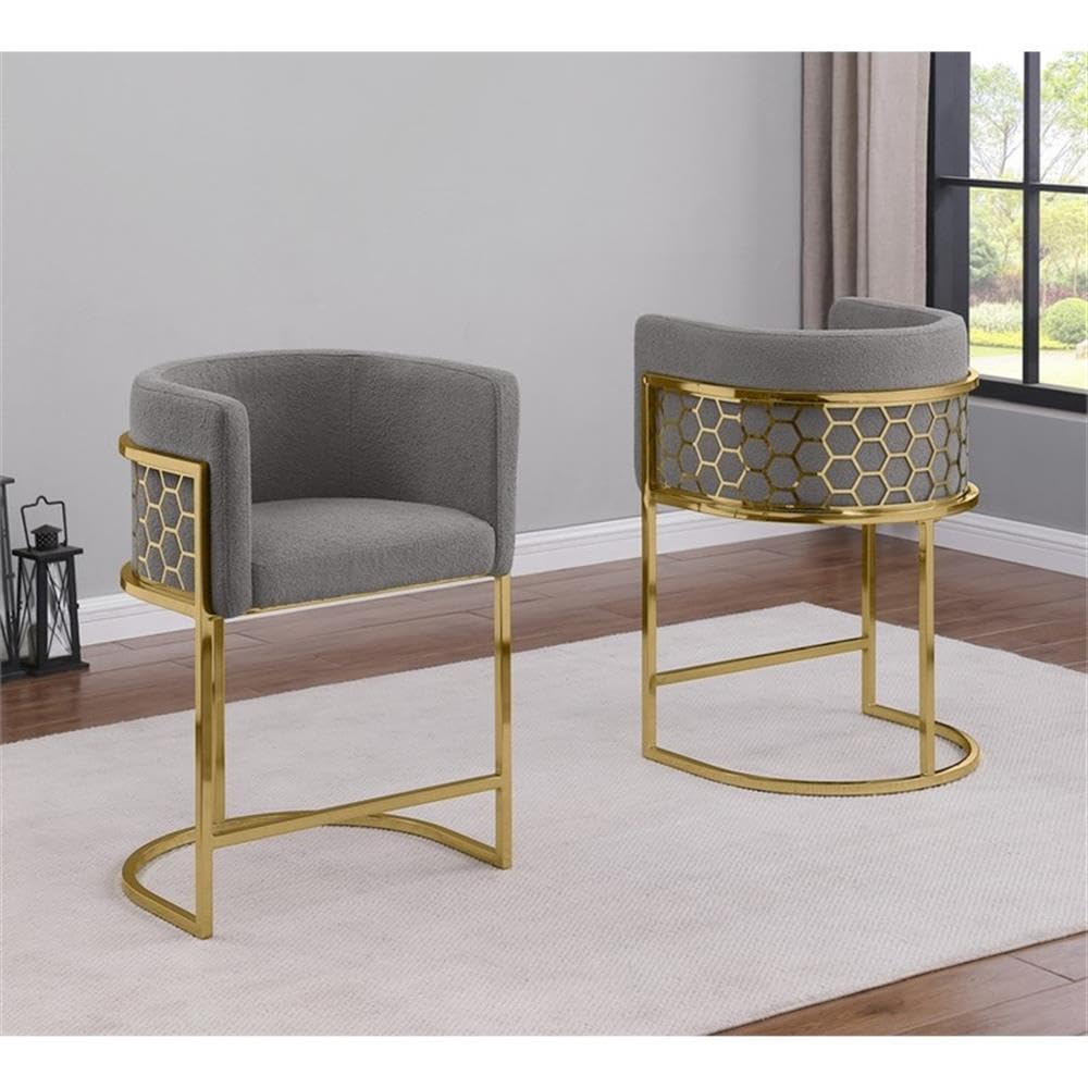 Best Quality Furniture Modern Barrel Counter Height Stools with Honeycomb Pattern, Teddy Fabric Upholstery - Dark Gray, Gold Chrome Finish