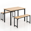 TANGZON Dining Table with 2 Benches, 3 Pieces Steel Frame Kitchen Table Set, Industrial 4-6 Person Breakfast Dining Table and Ch