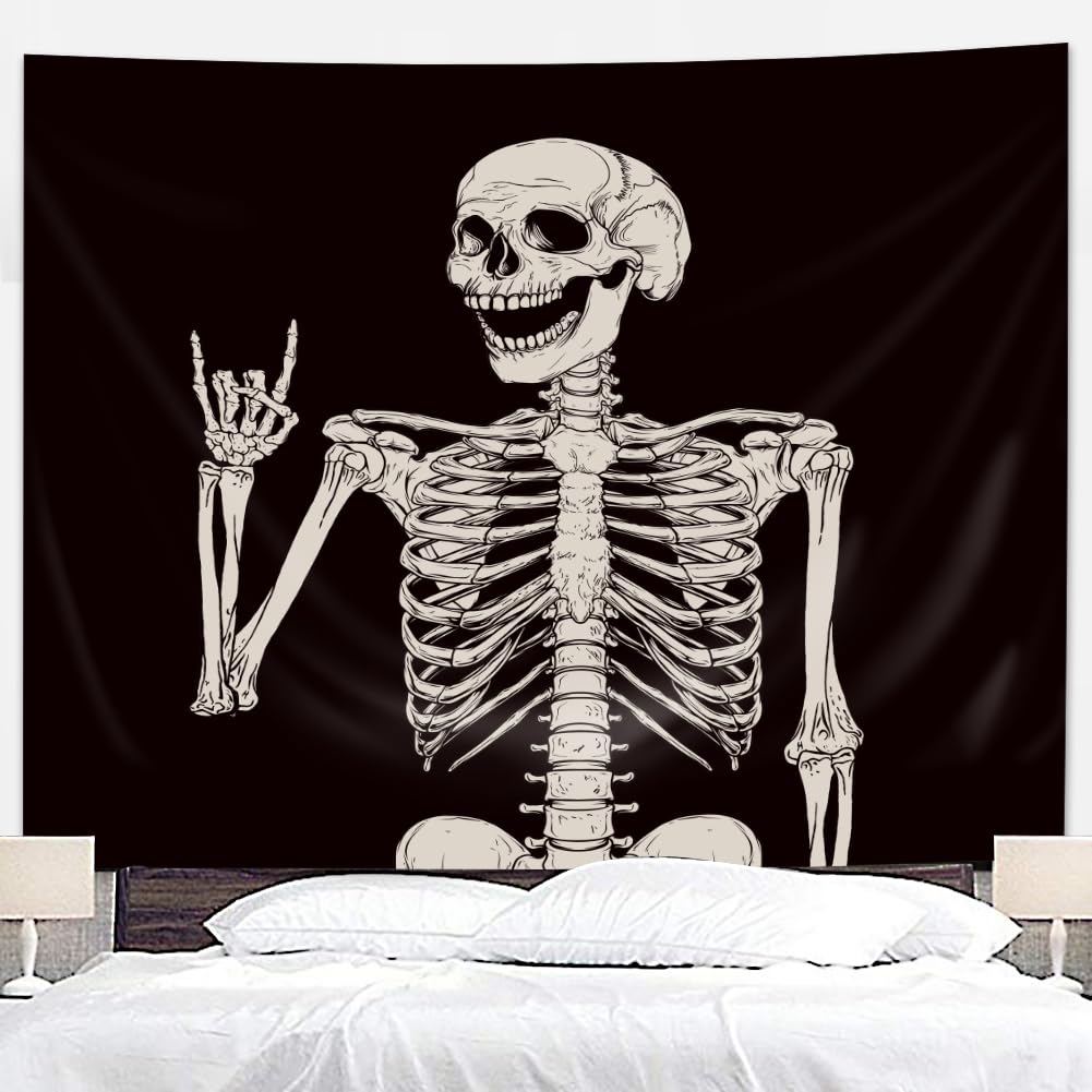 Riyidecor Skull Skeleton Tapestry Wall Hanging 51Hx59W Inch Funny Black And White Theme Home Decor For Men Women Gothic Hippie H