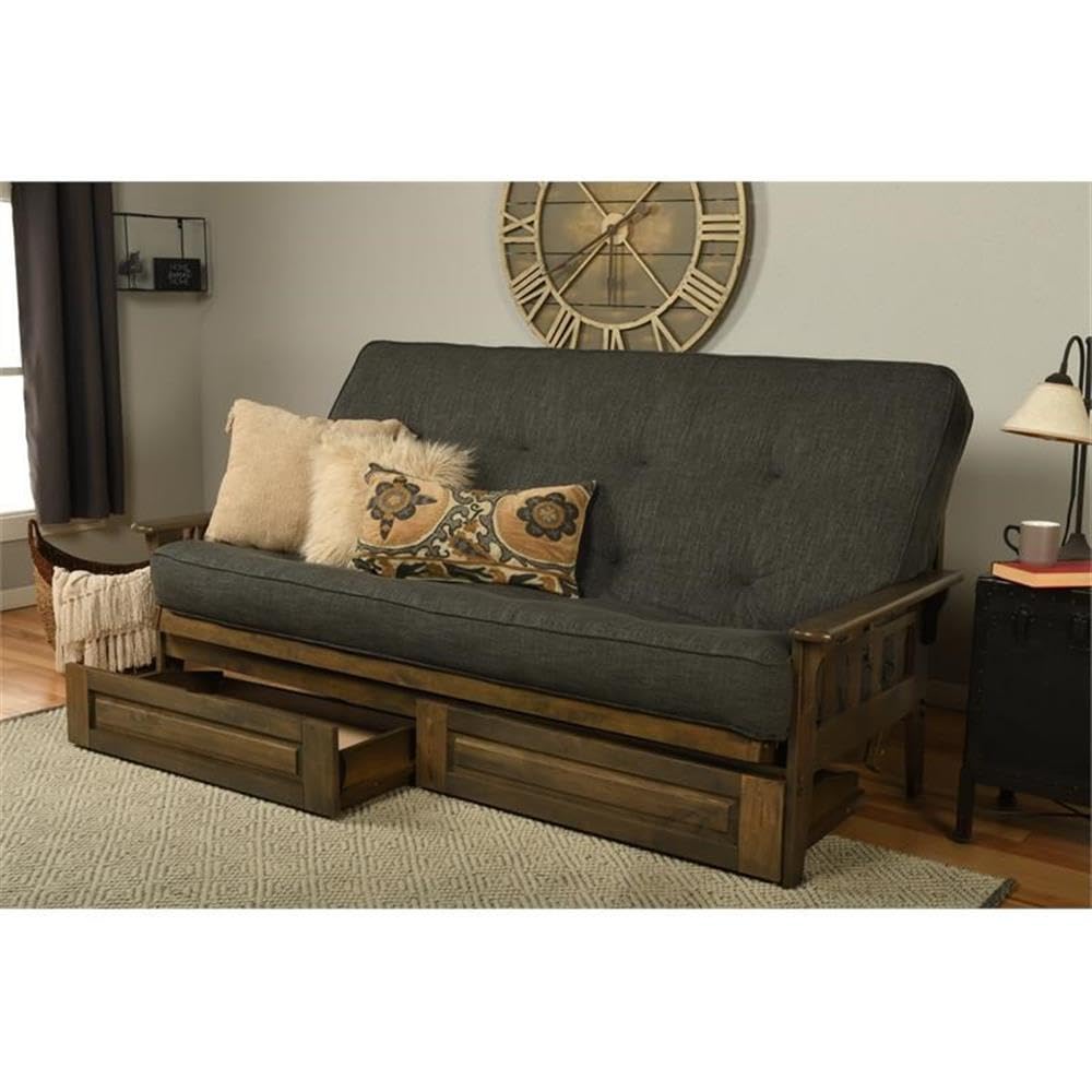 Kodiak Tucson Queen Futon Frame with Storage Drawers - Wood Futon Set with Mattress Included in Charcoal Color