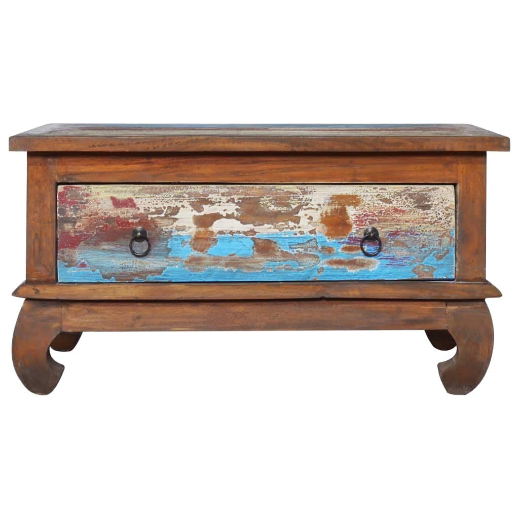 vidaXL Rustic Vintage Coffee Table - Reclaimed Teak Wood, Multicolor Spots, with Drawer & Retro Handle, 31.5x19.7x15.7