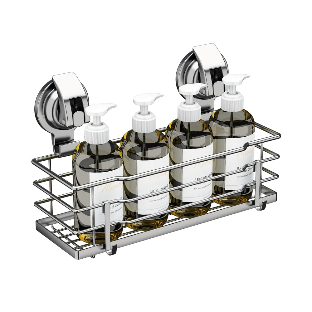 Tesot Suction Cup Shower Caddy, Shower Shelf Soap Dish With Hooks For Razor, Sponge, Rust Proof 304 Stainless Steel, Silver
