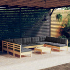 vidaXL Solid Pinewood Outdoor Patio Lounge Set w/Gray Cushions - 10 Piece Modular Garden Sofa Set