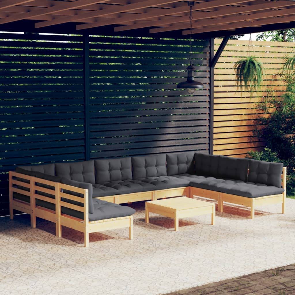 vidaXL Solid Pinewood Outdoor Patio Lounge Set w/Gray Cushions - 10 Piece Modular Garden Sofa Set