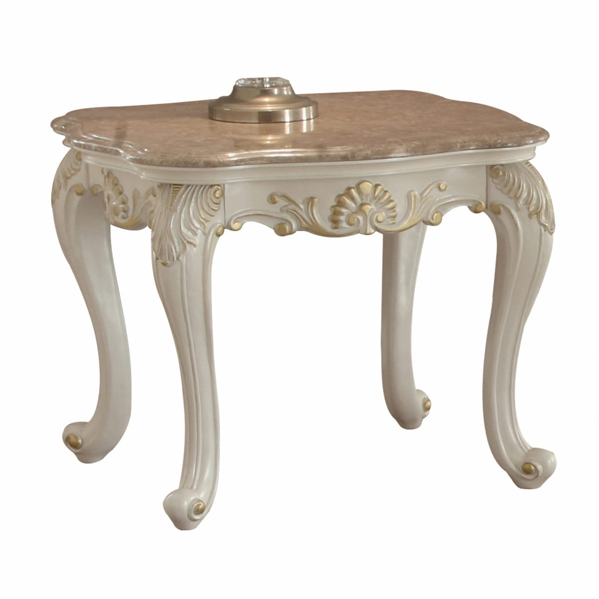 HomeRoots 24' Pearl White Brushed with Gold Accents and Light Brown Marble End Table