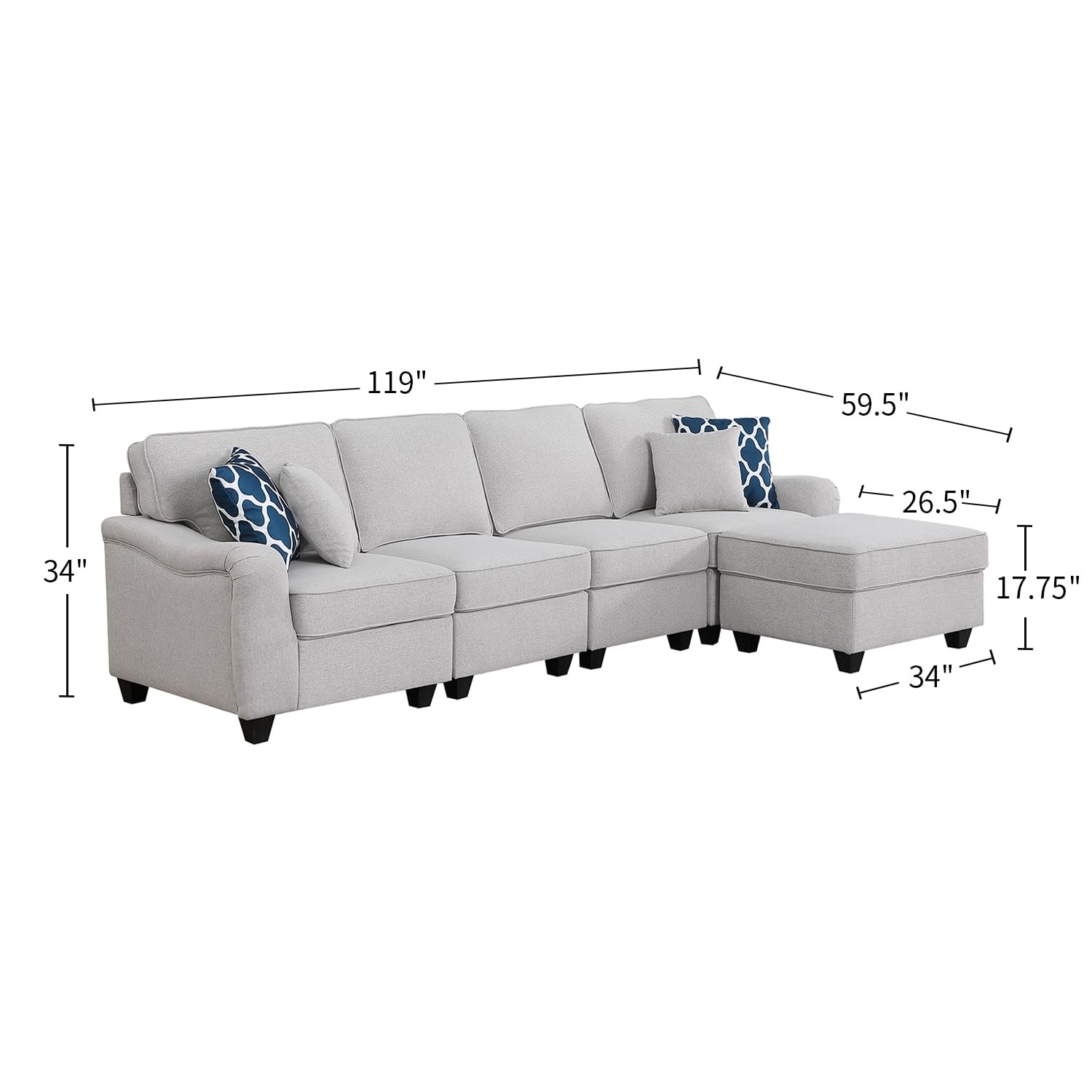 Lilola Home Leo Light Gray Linen 5 Seater Sofa and Ottoman