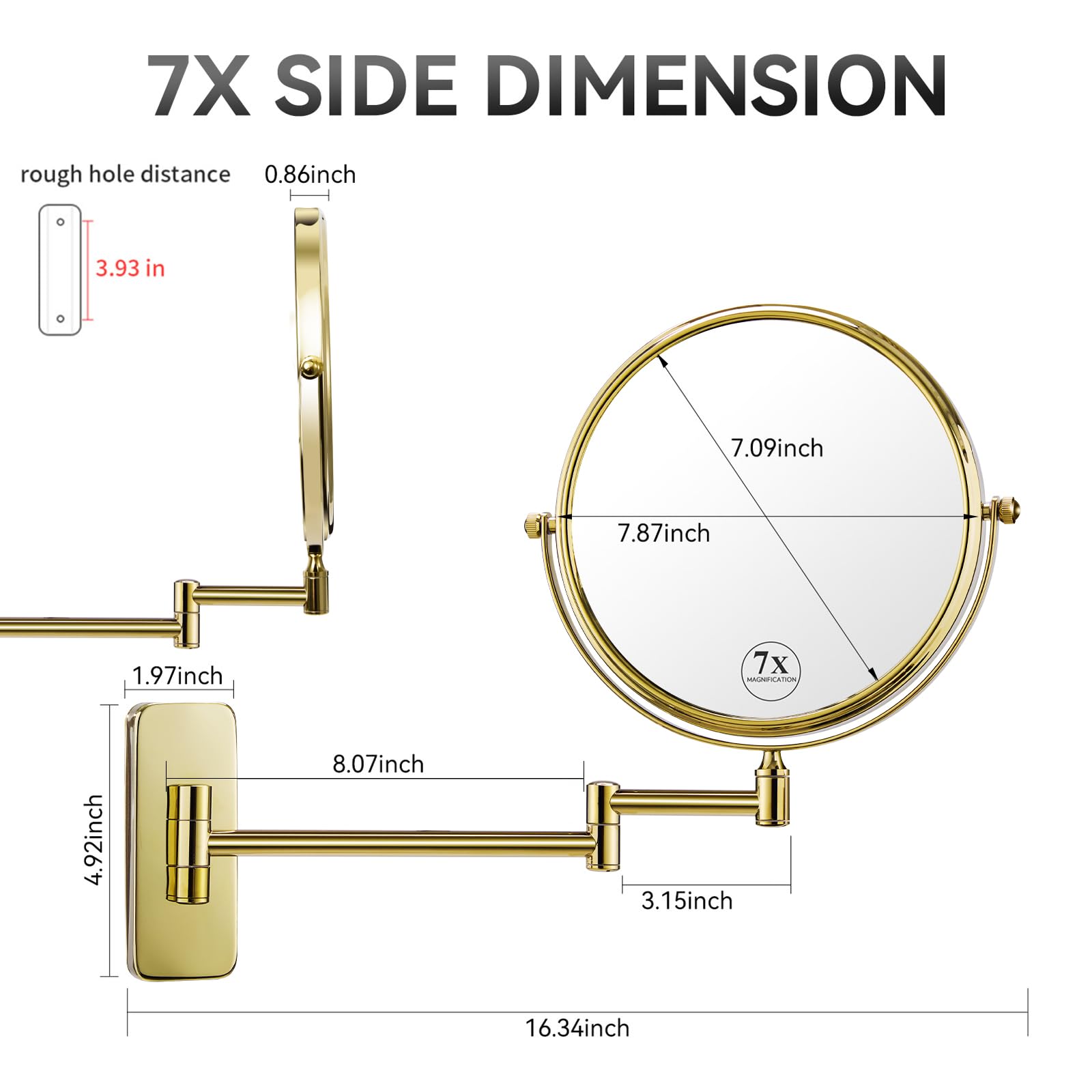 Nicesail Gold Makeup Mirror Wall Mounted, 7X Magnifying Mirror Gold Vanity Mirror For Bathroom Wall Extendable Swivel, Gold Fini