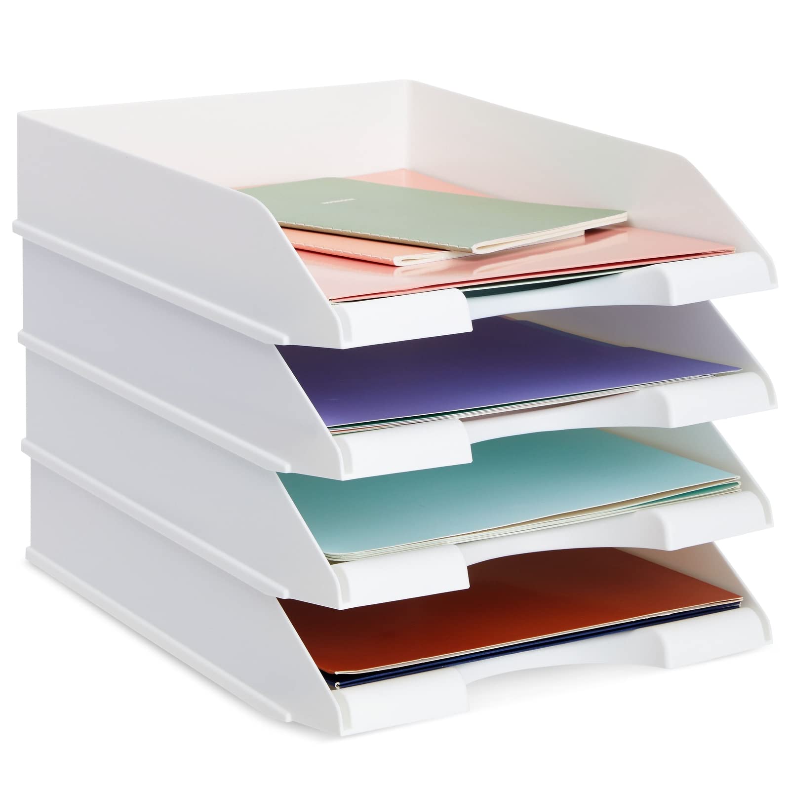 Stockroom Plus 4 Pack White Stackable Paper Trays For Letter Documents, Desktop File Organizers For Office Supplies, Stackable D