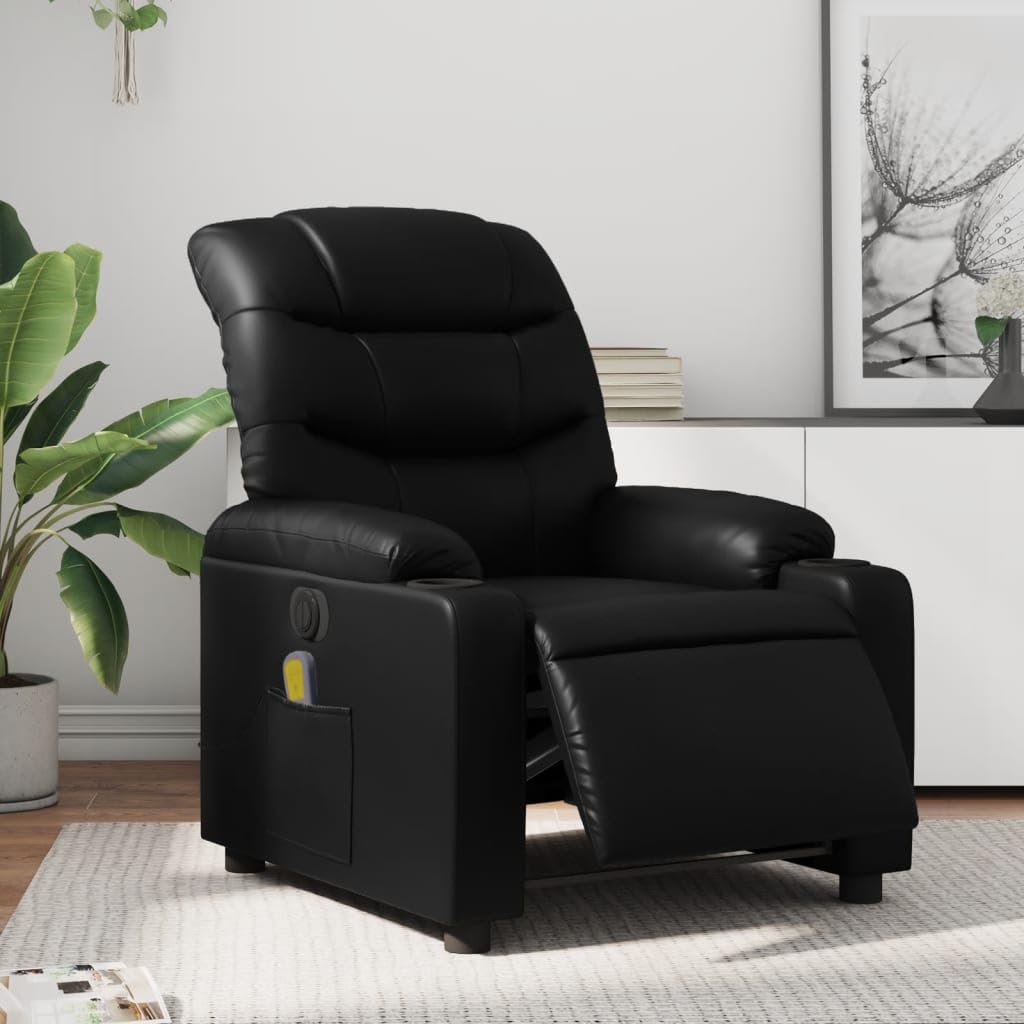 vidaXL Black Faux Leather Electric Recliner Chair - Motorized Lounge Seat with Cup Holders, Side Pocket, 6-Point Vibration Massage
