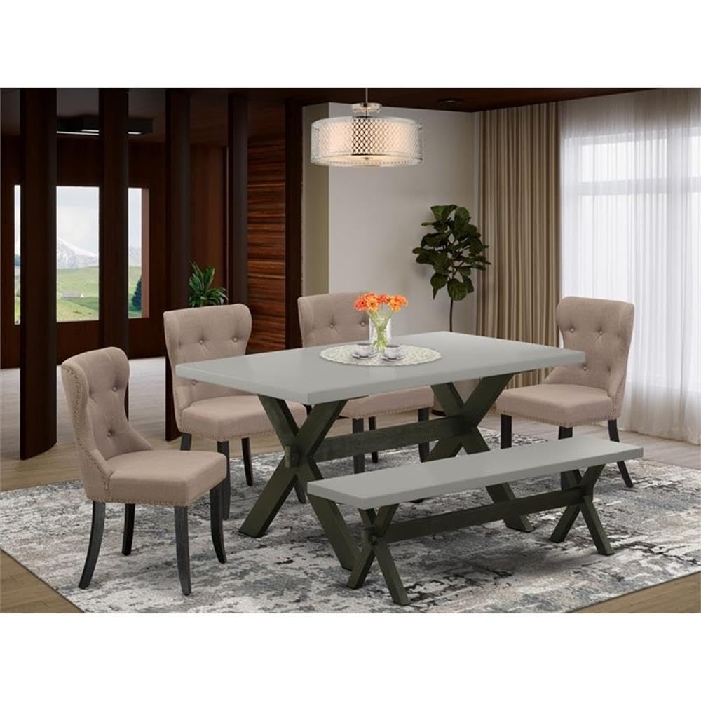 East West Furniture X696Si648-6 6 Piece Dining Table Set Contains A Rectangle Wooden Table With X-Legs And 4 Coffee Linen Fabric Upholstered Chairs With A Bench, 36X60 Inch, Multi-Color