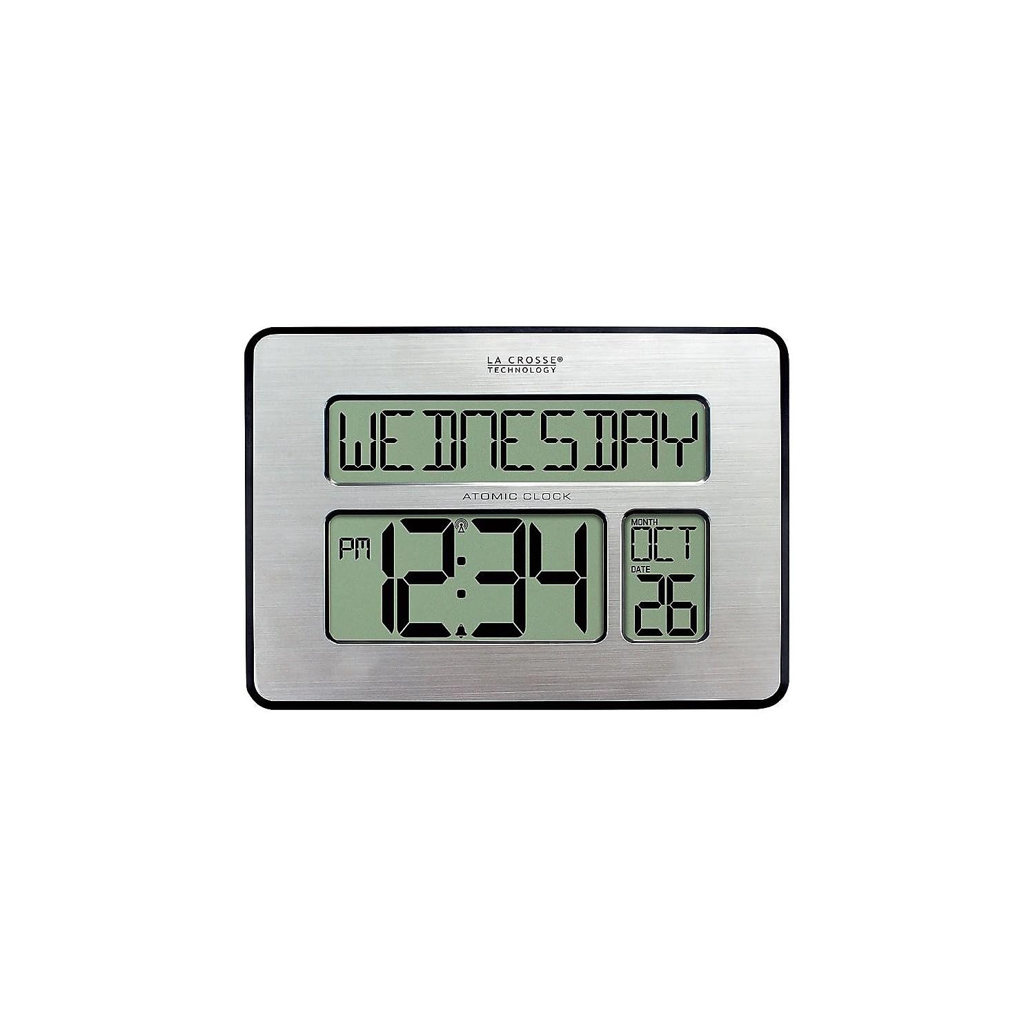 La Crosse Technology 513-1419-INT Atomic Full Calendar Clock with Extra Large Digits - Silver, 9.84L x 1.14W x 7.48H