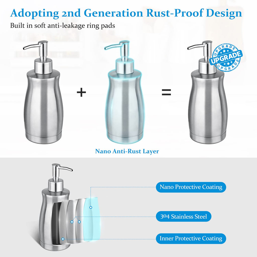 Glubee Soap Dispenser Stainless Steel - Brushed Nickel Pump Dispenser Bottle Refillable Liquid Hand Dish Soap Dispenser For Bath