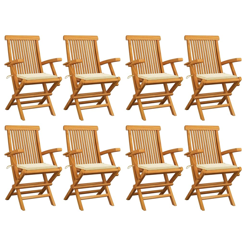 vidaXL 8X Solid Teak Wood Patio Chairs with Cream Cushions Garden Outdoor Balcony Terrace Porch Seating Dining Wooden Chair Furniture Set