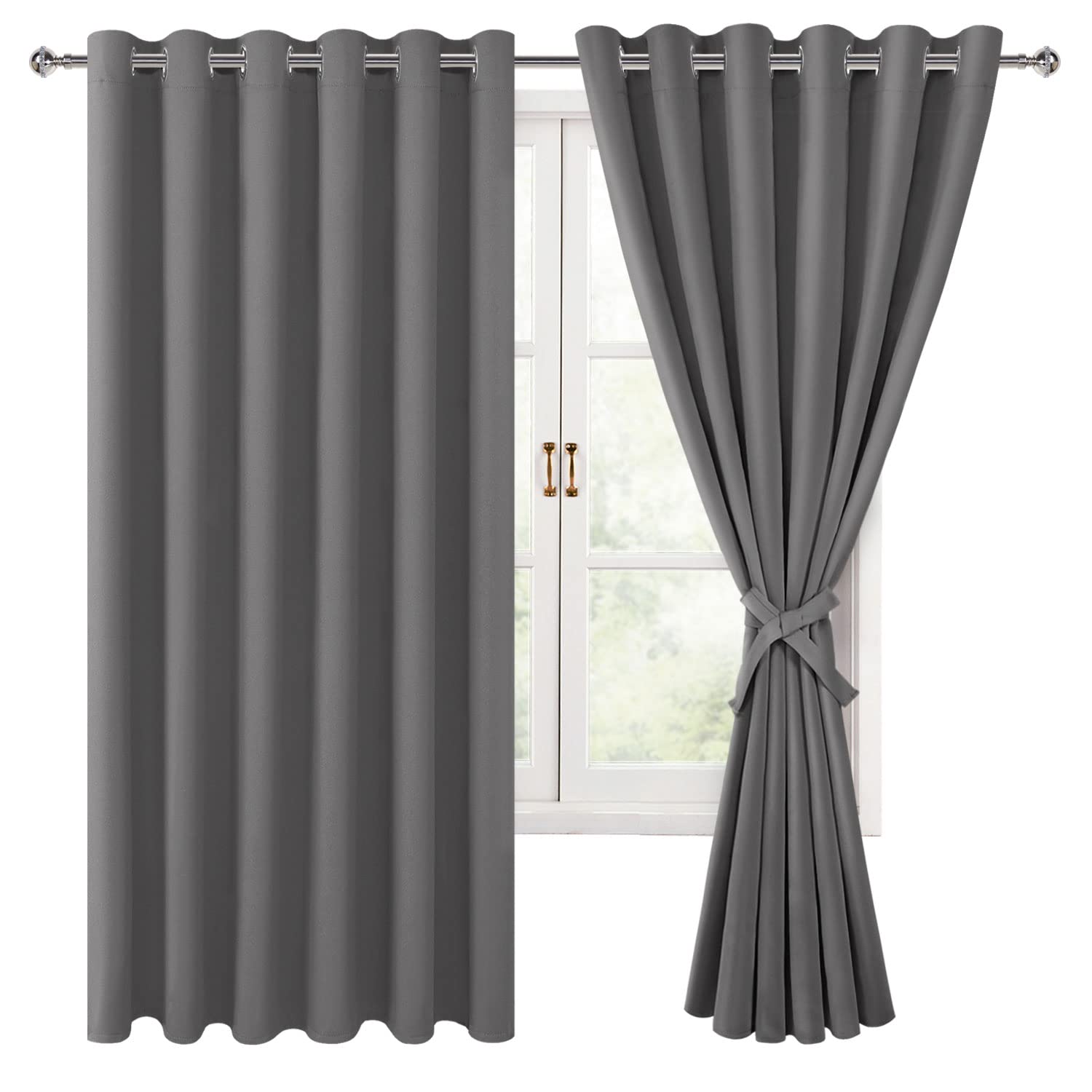 Hiasan Grommet Blackout Curtains For Bedroom, 70 X 63 Inches - Thermal Insulated & Light Blocking Window Drapes For Living Room/Dorm Room, Set Of 2 Panels Sewn With Tiebacks, Light Grey