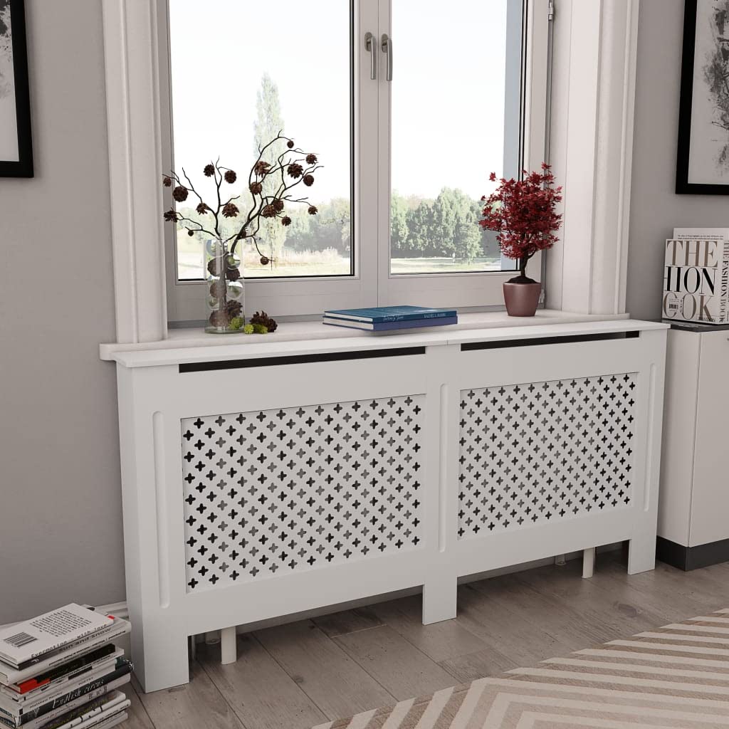 vidaXL Radiator Cover 67.7&quot;x7.5&quot;x32.1&quot; - White MDF Heater Cover Cabinet with Modern Slatted Design and Extra Shelf Space, Easy Assembly