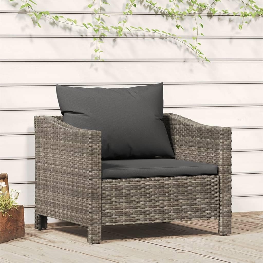vidaXL Modern Patio Lounge Set - Gray Poly Rattan Garden Armchair with Cushion and Assembly Manual - Durable with Powder-Coated Steel Frame