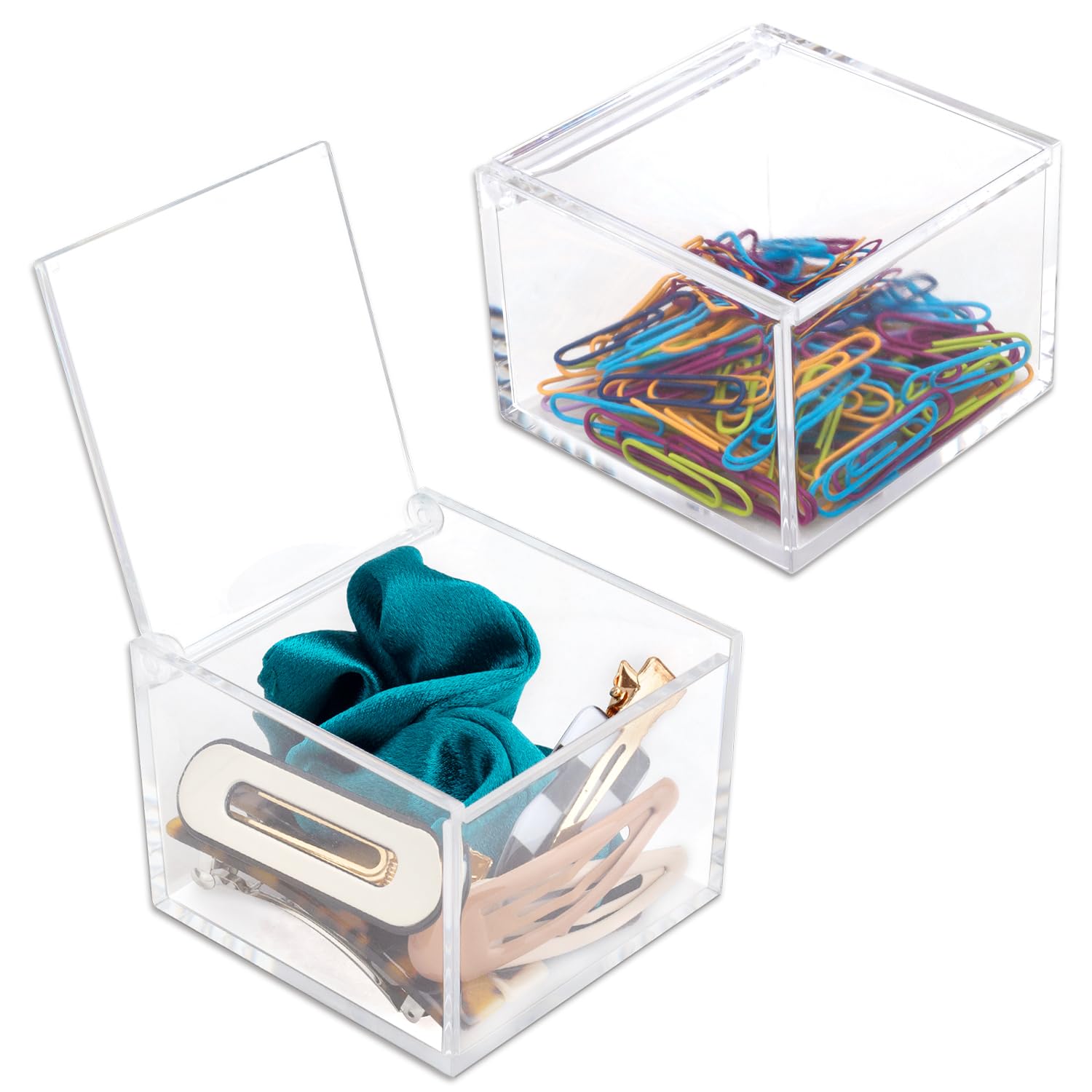 Deoot 2 Pack Small Clear Acrylic Organizer With Lid For Paper Clips,Sticky Note,Qtip,Cotton Balls,Hair Ties Holder Acrylic Box F