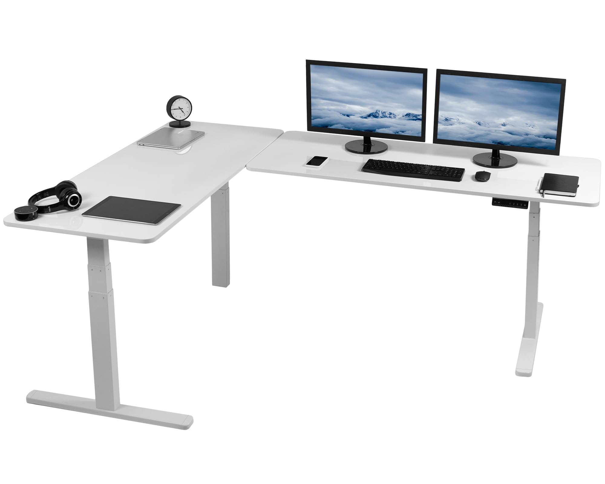 Vivo Electric Height Adjustable 83 X 60 Inch Corner Stand Up Desk, 2 White Dry Erase Solid Table Tops, White Frame, Memory Controller, L-Shaped Workstation, 3E Series, Desk-Kit-3E8We