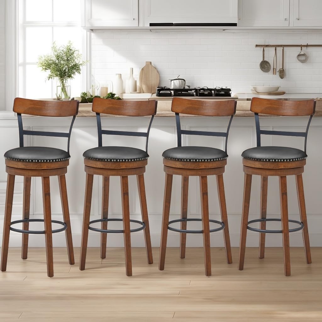 Ergomaster Bar Stools Set Of 4 Swivel Bar Height Bar Stools For Kitchen Island, Pu Leather Upholstered Barstools With Back & Solid Rubber Wood Legs & Metal Footrest, Seat Height 30.5 Inch, Brown