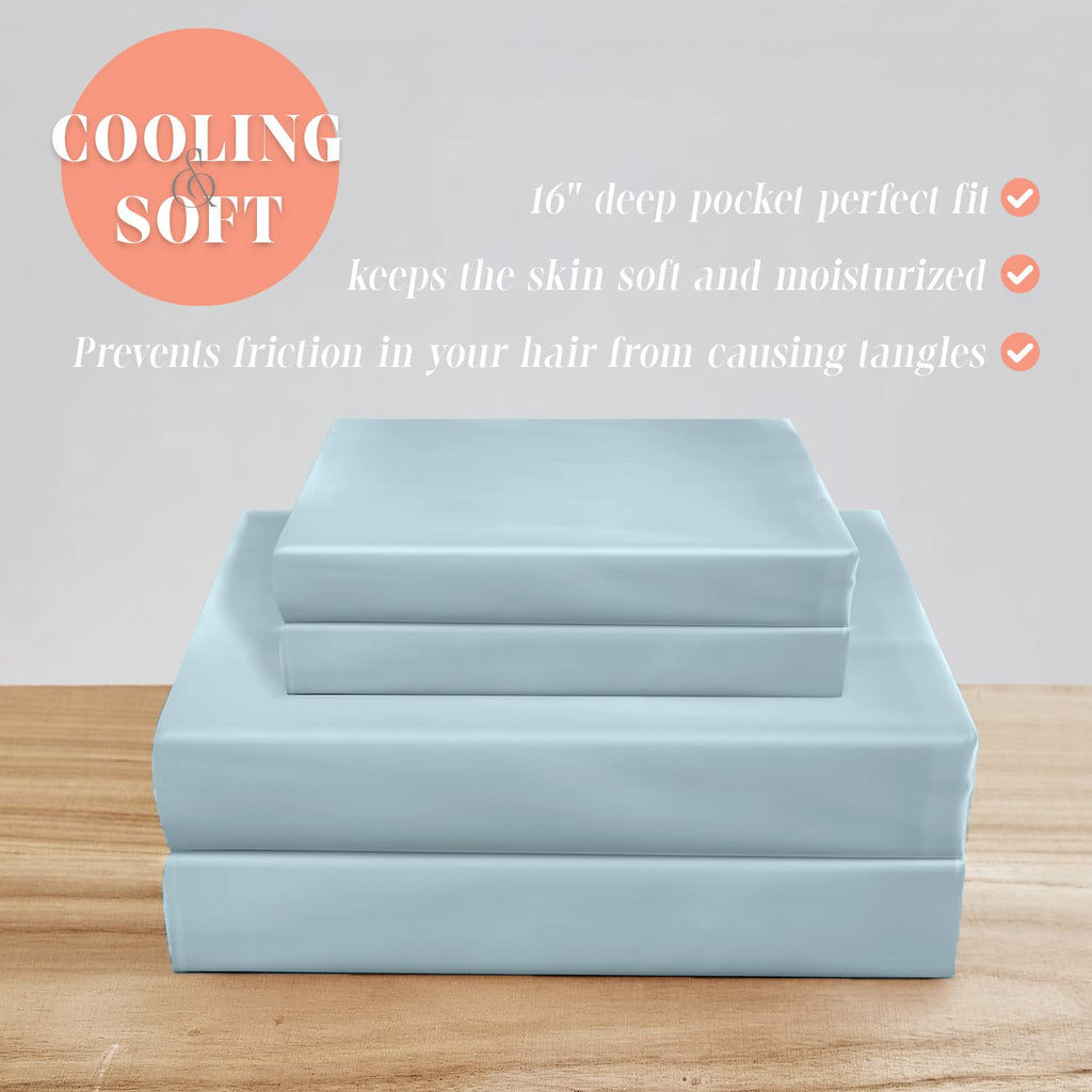 Elegant Comfort Luxurious 4-Piece Silky Satin Sheet Set, Skin And Hair Friendly, Wrinkle, Fade, Stain Resistant With Deep Pockets Fitted Sheet, Cooling Soft Satin Sheet Set, Full, Baby Blue