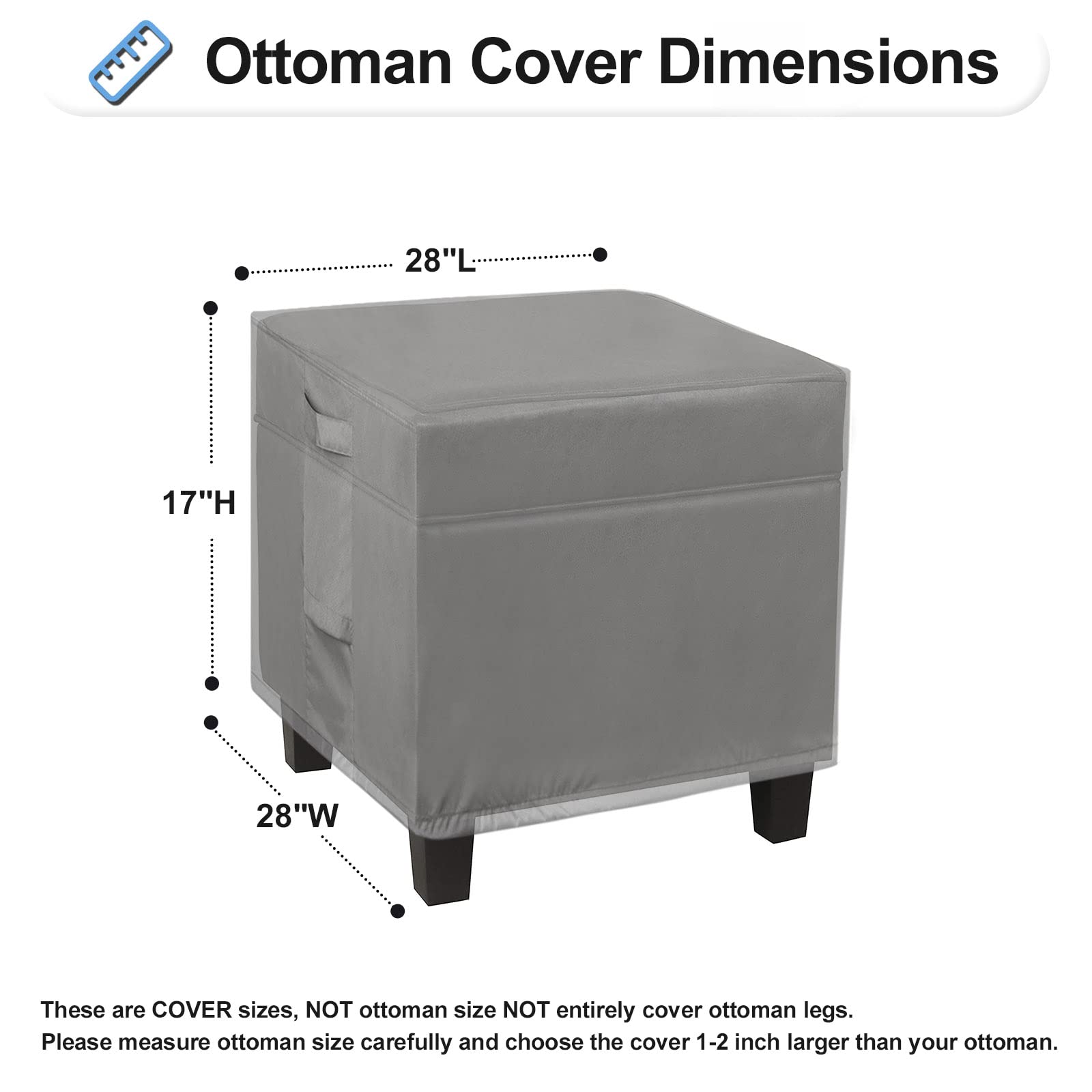 Outdoorlines Outdoor Waterproof Patio Ottoman Covers - Square Uv-Proof Patio Side Table Cover Windproof Heavy-Duty Furniture Covering Protector 28L X 28W X 17H Inch, Grey