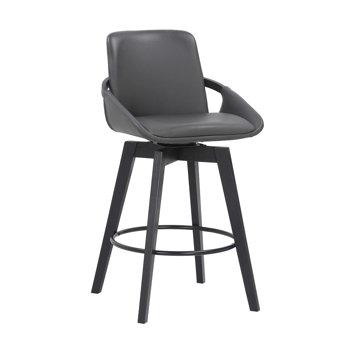 HomeRoots Gray Metal, Wood, Faux Leather 26' Luxurious Grey Faux Leather and Black Wood Swivel Bar Stool